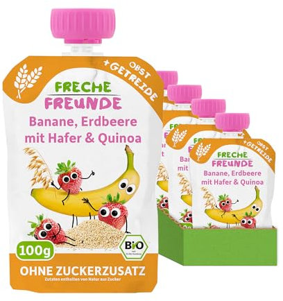 FRECHE FREUNDE Bio Quetschie Banane, Erdbeere mit Hafer & Quinoa, Fruchtmus mit Getreide im Quetschbeutel für Babys ab dem 6. Monat, vegan, 6er Pack (6 x 100g)