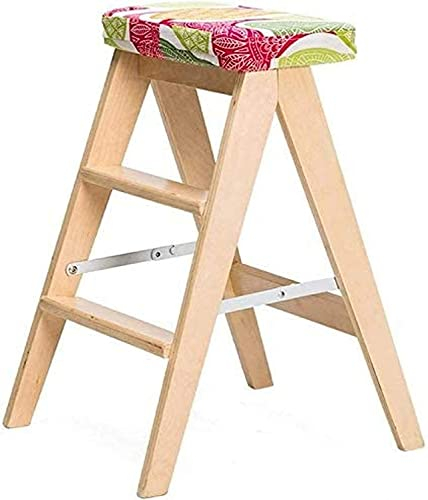 Tritthocker, Holzleiterhocker, Klapphocker, Leiter mit Kissen, 3-Stufen-Leiter mit doppeltem Verwendungszweck, Birke, 3 Stile, Multifunktion (Farbe: Holzfarbe, Größe: 2#)