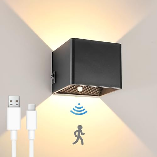 YindaLux Applique murale intérieure detecteur de mouvement,3000mAh 3W 2700K Lampe murale sans fil,Rechargeable par USB Applique murale chambre à piles avec interrupteur Pour escaliers,salon,Noir