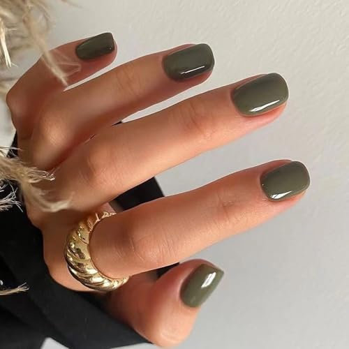 Boloshine 24Pcs Press on False Nails, Solid Color Glossy French tip False Nails Short Square Fake Nails, Full Cover Acrylic Stick on Nails French Manicure for Women and Girls (Forest Green)
