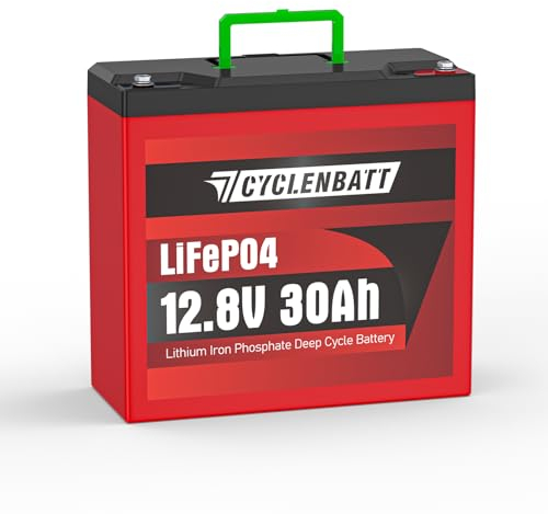 CYCLENBATT Batterie au lithium LiFePO4 12 V 30 Ah rechargeable, au phosphate de fer, avec plus de 5000 cycles profonds et BMS 20 A intégrée pour véhicules électriques, sondeurs, solaires, camping,
