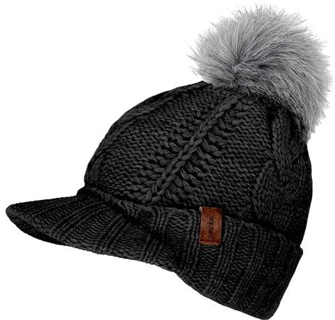 WEROR Strickmütze Damen – Bommelmütze mit Schild Schirmmütze Cap Winter - Mütze mit Schirm - Wintermütze gefüttert – WEROR-446.1 (Einheitsgröße, Schwarz)