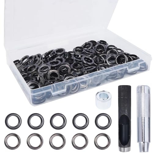 HO2NLE 140 Sets Eyelet Punch Kit 14mm Grommet Tool Kit Metal Eyelets and Punch Kit with Setting Tool for Tarpaulin Leather Fabrics Shoes Clothing Curtains Tents Black
