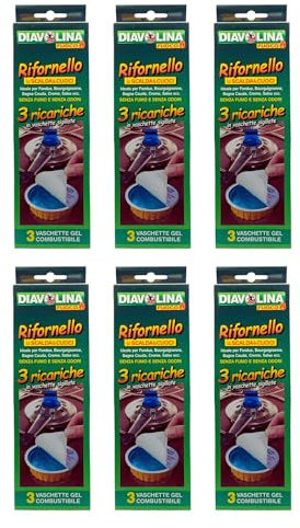 Vaschette gel combustibile RIFORNELLO, Ideale per Fondue, Bourguignonne, Bagna Cauda, Creme, Salsa ecc. senza fumo e senza odori, Confezione da 3 ricariche in vaschette sigillate. (3x80g.) (6 Unità)