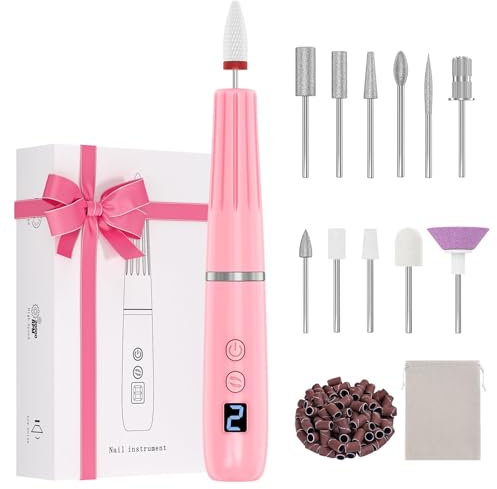 Karrong torno para uñas profesional eléctricas Inalámbrico, 12 En 1 Set De Manicura, 5 Velocidades, Luz LED, Limas de uñas A Batería Taladro De Uñas Para Uñas De Gel, Uñas Acrílicas (Rosa)