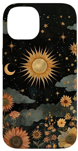 Vintage Boho Celestial Floral Sun Moon Stars Painting Art Case for iPhone 14