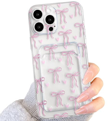 NITITOP Compatible with iPhone 13 Pro Case Clear with Card Holder Cute Bowknot Ribbon Heart Pattern for Women Girls Bow Soft TPU Shock-absorbing Wallet Case Protective Cover - Pink
