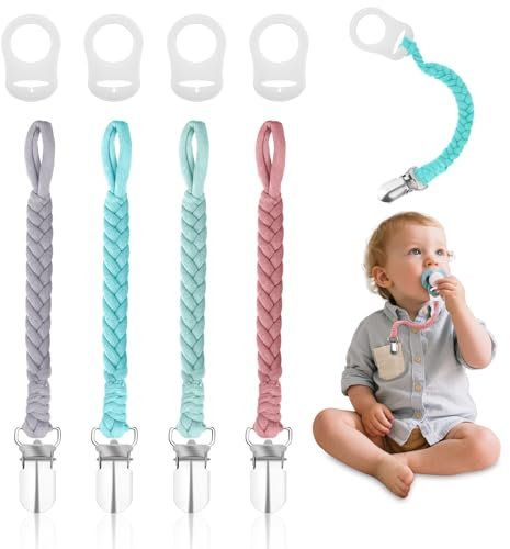 Schnullerkette, 4 Stück Baby Schnullerketten Clip Baumwolle Schnullerkette für Junge und mädchen Schnullerband Schnullerkette Stoff für Lätzchen Dreieckstuch Sauger