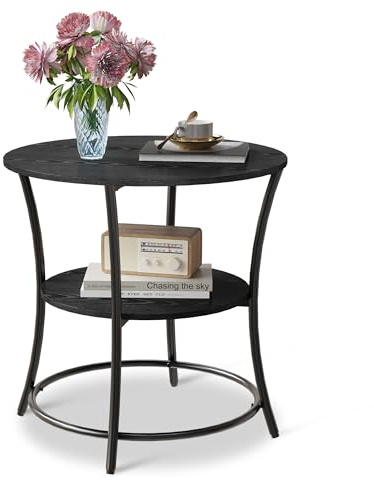 WLIVE Runder Beistelltisch Schwarz, Couchtisch Schwarz mit Holzwerkstoff, Metallrahmen, Industrie-Design, Nachttisch Rund für Schmale Räume