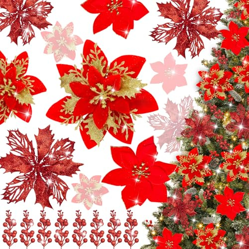XIMISHOP 36PCS Red Christmas Tree Decorations, Artificial Poinsettia Christmas Flowers Redness Berry Stems for Xmas Tree Wreath Decorations Wedding Party Decor（Red & Gold）