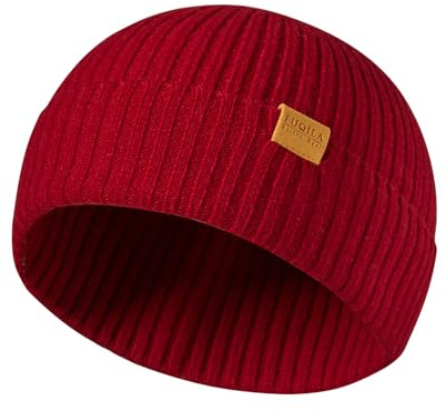 FUQILA 100% Superfeine MerinoWolle Mütze, Fisherman Beanie, Trawler Mütze, Klassische Wollmütze, Thermo Beanie, Warme Wintermütze für Damen & Herren (DE/NL/SE/PL, Numerisch, 55, 61, Dunkelrot)