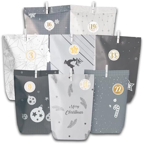 Adventskalender zum Befüllen - 24+4 Backup Geschenktüten mit Zahlenaufkleber und Klammern - zum Basteln und Verschenken - Weihnachts-Deko DIY Geschenke für Erwachsene (Grau)