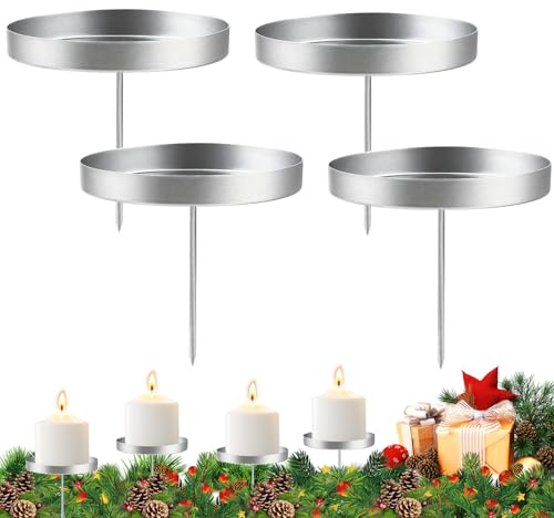 4 Stück Adventskranz Kerzenhalter 8cm Kerzenhalter für Stumpenkerzen Silber K-erzenteller Adventskranz, Adventskerzenhalter Ohne Dorn, K-erzenhalter Kranz für A-dventskranz Weihnachten Tischdeko