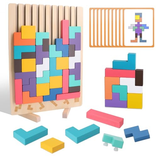 Puzzle en Bois Tetris, Jouets éducatifs, Jeux Montessori 3 4 5 6 Ans, Puzzle Empilé Tetris avec Carte, Jouets Jigsaw, Multicolores, Coloré Blocs Géométriques Tetris, Cadeau pour Enfants