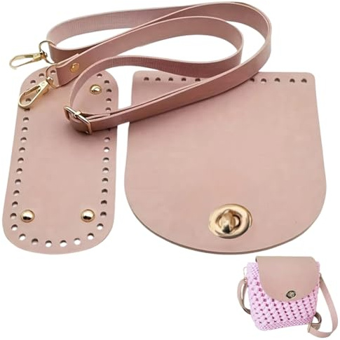 CALFOVERA 3 pz Fai da Te in Pelle PU Base per Borsa Kit per Maglieria Borsa Ovale Fondo Tracolla Regolabile Patta Superiore Accessori all'Uncinetto A Tracolla Creazione Sostituzione (Rosa)