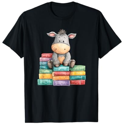 Adorabile Asino con Cuore Seduto su pila di Libri Colorati Maglietta