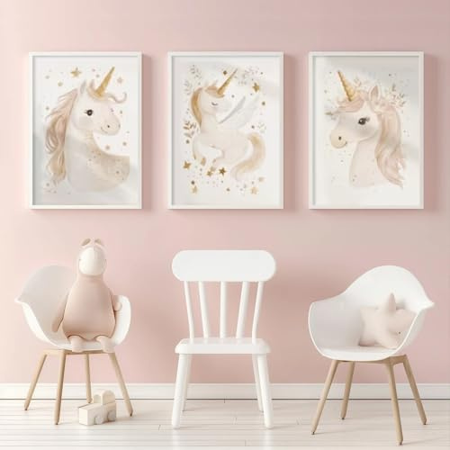 TROYSINC 3er Einhorn Aquarell Poster Set, Sanfte Einhorn & Goldsterne Bilder Aesthetic Wandbilder Wohnzimmer Wanddeko für Kinderzimmer & Babyzimmer, ohne Rahmen (50x70cm)