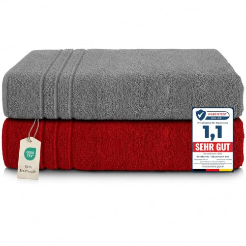 Komfortec 2er Saunahandtuch Set XXL 80x200 cm, 100% Baumwolle | Große Saunatücher aus 100% Baumwolle, XXL Set, Saugstark, Flauschig und Schnelltrocknend, Dunkelgrau/Burgund