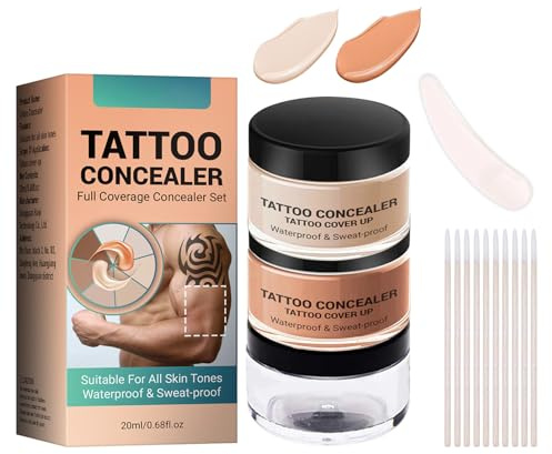 Tattoo Cover Up Makeup, 2 Farben Full Coverage Body Concealer für Tattoos Scars Blemishes, Körper Bein Make Up Wasserfest & Langanhaltend, Tattoo Abdeckung Creme, Natürliche Body Coverage Perfector