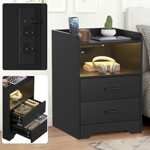 Monucep Nachttisch Schwarz, Nachtschrank mit LED-Beleuchtung und RGB-Farbwechsel, 2 Schubladen und viel Stauraum – Nachtschrank mit unkompliziertem Aufbau für Schlafzimmer（40 x 35 cm）