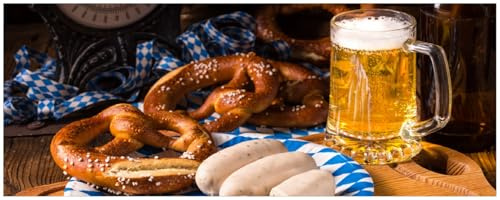 Wallario Küchenrückwand selbstklebend 115 x 50 cm, Motiv: Bayerische Brotzeit mit Weißwurst, Brezel und Bier | Spritzschutz abwischbar & pflegeleicht