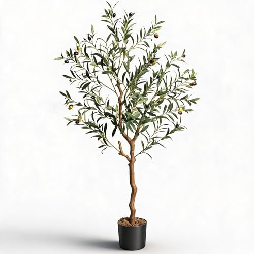 GarveeMore Künstlicher Olivenbaum–Realistische Kunstpflanze 120cm | Mit gebogenem Stamm, Pflanzen im Topf für Wohnzimmer, Büro, Innenbereich – Elegante Dekoration