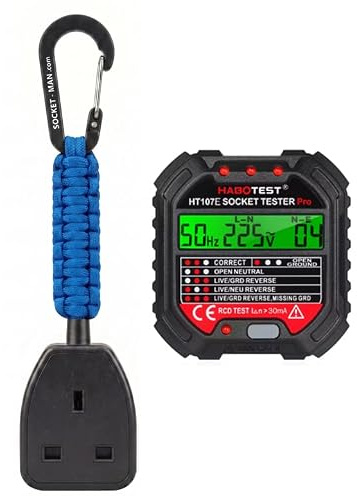 SOCKET MANS Socket Tester Holder and Socket Tester Kit, with Carabiner Clip, Paracord Strap, LCD Display, RCD Test (BLUE)