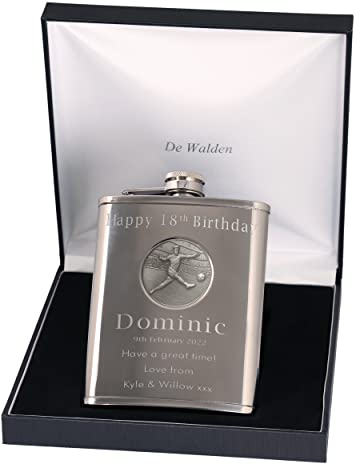 18th Birthday Engraved Hip Flask with Footballer Feature in Gift Box