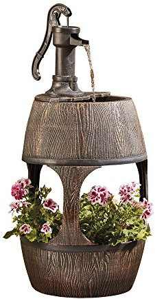 Durable Traditional Pump Barrel Water Feature with Flower Planter for Indoor & Outdoor Use H88cm