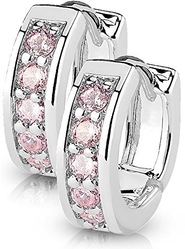 Bungsa silberne Damen-Ohrringe Kristalle pink I hochwertige Klapp-Creolen mit Kristallen für Frauen Edelstahl