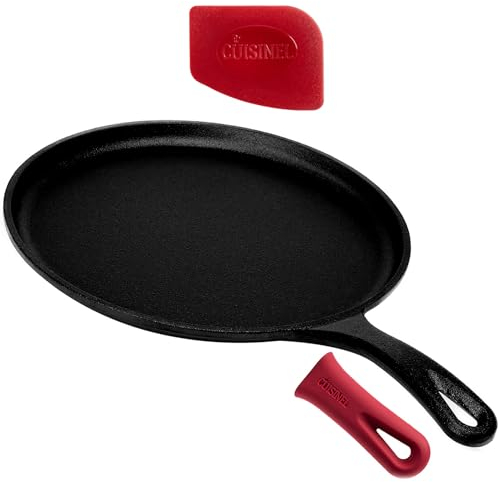 Cast Iron Round Griddle Pan - 10.5-inch / 26.67cm Flat Skillet Crepe Maker + Silicone Handle Cover - Pre-Seasoned Oven Safe Cookware - Indoor/Outdoor - Grill, Stove Top and Induction Safe