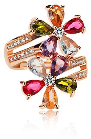 Uloveido Bagues multicolores en tourmaline taillée en forme de poire pour femme - Plaqué or rose - Pierre de naissance du mois d'octobre - Bague réglable - Idée cadeau d'anniversaire RJ134