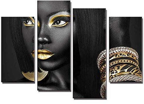 TAOMI 4 Stück afrikanische schwarze Frau Kunstwerk Poster Druck schwarz und goldene ägyptische Königin Porträt amerikanische Frauen Wohnzimmer Wandkunst für Büro Heimdekoration direkt zum Aufhängen