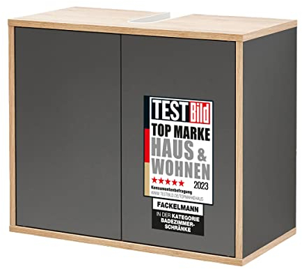 FACKELMANN Waschbeckenunterschrank Finn/Push-to-Open-Technik/Maße (B x H x T): ca. 60 x 50 x 30,5 cm/Schrank fürs Bad mit 2 Türen/Korpus: Schwarz/Front: Schwarz/Rahmendekor: Braun hell