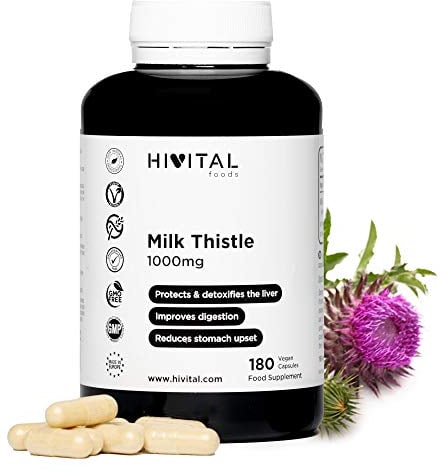 Chardon Marie 1000 mg. 180 gélules vegan pour 6 mois de traitement. Extrait concentré 25:1 avec 80% de Silymarine et 30% de Silybine et d'Isosilybine. Fabriqué en Europe par HIVITAL