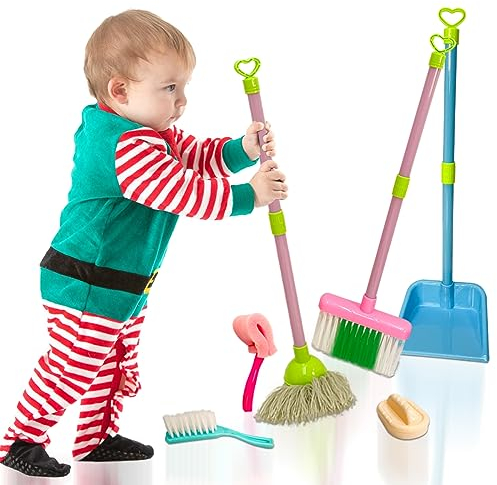 Kidscrafttoys Age 3+ Childrens Cleaning Play Set Mop Dustpan Brush Sweeping Accessories Gift Set