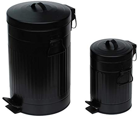 2PC Traditional Pedal Dustbin Set: 12L 12 Litre & 3L 3 Litre Duo Set - Black - Vintage Style Indoor Metal Pedal Dustbin Set with Removable Inner Bucket.