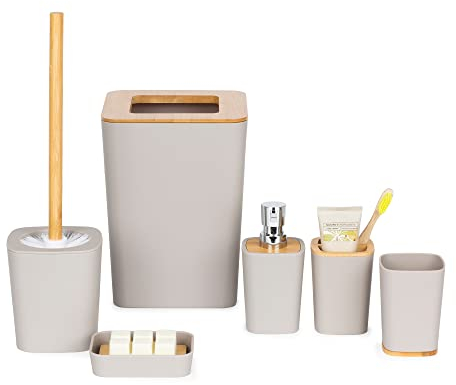 6pc Bathroom Sink Accessory Set with Bamboo Trim - Modern Vanity Organiser Kit - Tumbler, Toothbrush & Toilet Brush Holder, Lotion Dispenser, Soap Dish & Trash Bin (Soft Stone - Grey)