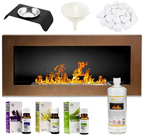 GMT Bioethanol Eco Rauchfreier Kamin braun 90 x 40 cm dekorative Wand- oder Einbaufeuer modernes Rahmendesign einfache Montage mit Bio-Flüssigkeit, Brennstoffen und Steinen und Aromaölen