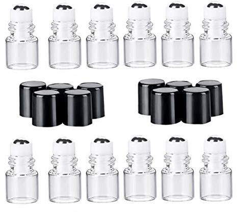 12 Pcs 1ml Mini Clear Glass Roll-on Bottles Empty Refillable Essential Oil Glass Roller Ball Bottle Perfume Lip Gloss Cosmetic Sample Vials Container with and Black Cap