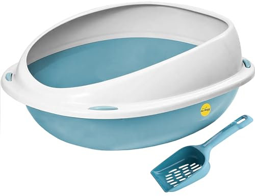 CAT CENTRE Blue Jumbo Cat Open Litter Tray With Rim +Litter Scoop Bundle Kitten Pet Toilet Plastic Loo Pan Box Set Anti-Spillage Lowered Entry Step Rounded Corners Detachable Rim Easy Cleaning