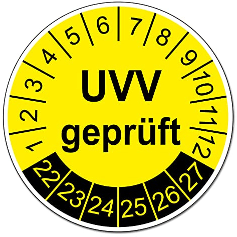 Aufkleber Set UVV geprüft nächste Prüfung Plaketten Grundplaketten Prüfplaketten 2022-2027 Prüfetiketten PVC Vinyl Folie selbstklebend R180 (10 Stück, Plakette UVV geprüft)
