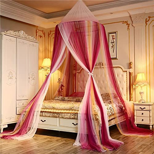 Moskitonetz-Betthimmel für Mädchen-Schlafzimmer-Dekoration, Kuppelnetz, doppellagiges Mesh, 360 ° umlaufend, zum Anschließen von Prinzessinnen-Bettvorhängen,Rot,1.8m