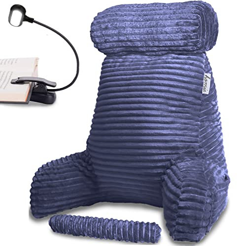 Homie Reading Pillow with Reading Light and Wrist Support, Has Arm Rests, and Back Support for Bed Rest, Lounging, Reading, Working on Laptop, Watching TV (Large, Blue)