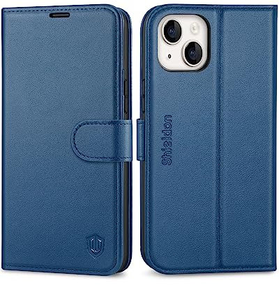 SHIELDON Case for iPhone 14 Plus 5G, Genuine Leather Wallet Case with RFID Blocking, Credit Card Holder, Magnetic Clasp, Viewing Stand, Protective Book Case Compatible with iPhone 14 Plus - Royal Blue