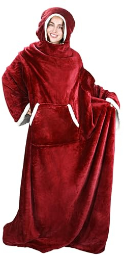 Catalonia Classy Tragbare Decke mit Ärmeln und Kapuze, warme, bequeme, große Fleece-Plüsch-Überwurfdecke mit Ärmeln, Armen für erwachsene Frauen und Männer