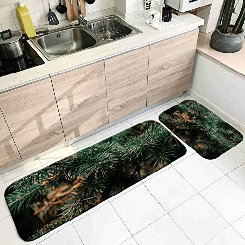 Banemi Teppich Waschbar, Teppich Küche Vintage Grün Weihnachtsdekoration Zweige 60X90cm+60X180cm Heimtextilien