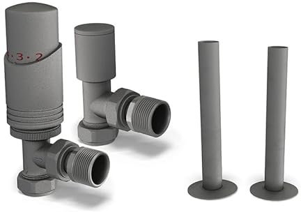 UK Radiators Natural Pewter Radiator Valves 15mm Angled Lockshield Valve in Natural Pewter and Polished Finish - Classy and Modern Design 1/2 x 15mm Angled Radiator Valves - with 130mm Pipe Covers