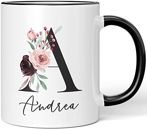 JUNIWORDS Tasse, Andrea, Name Anfangsbuchstabe Initial Alphabet Floral Buchstabe A Monogramm Motiv, Schwarz (5555159)