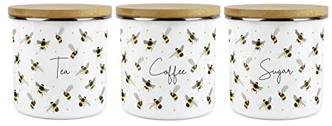 Purely Home Scattered Bees Tea, Coffee & Sugar Canister Set - White Metal Enamel Kitchen Food Storage Container